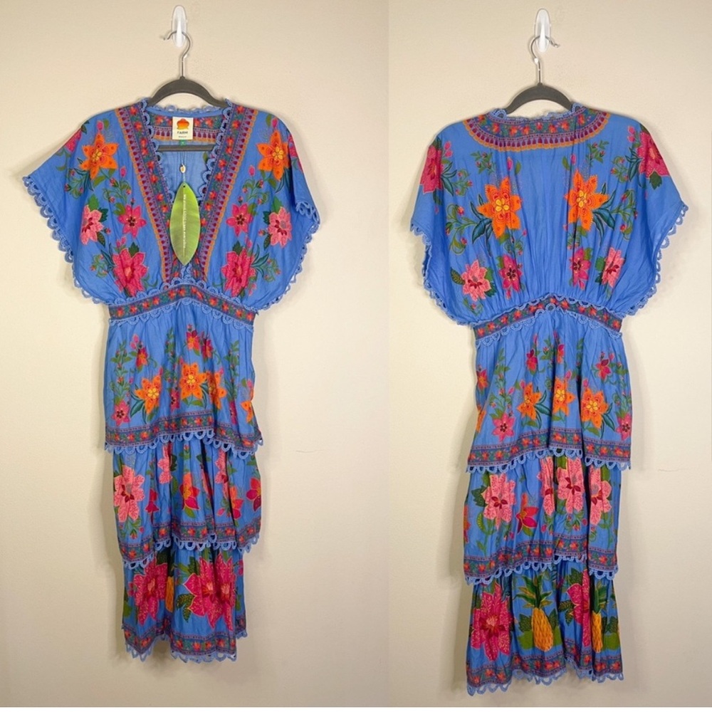 Farm Rio Women’s Blue Tropical Midi Layered Tiered Tapestry Dress Medium NWT - Picture 3 of 16